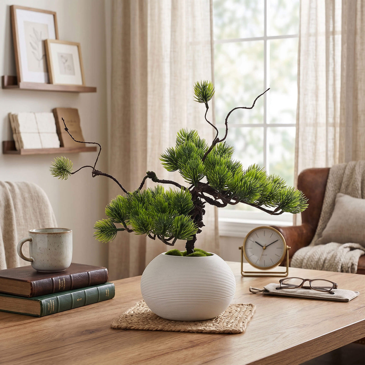 Minimalist faux pine tree arrangement on a console table, ideal for entryway decor with a clean modern aesthetic.