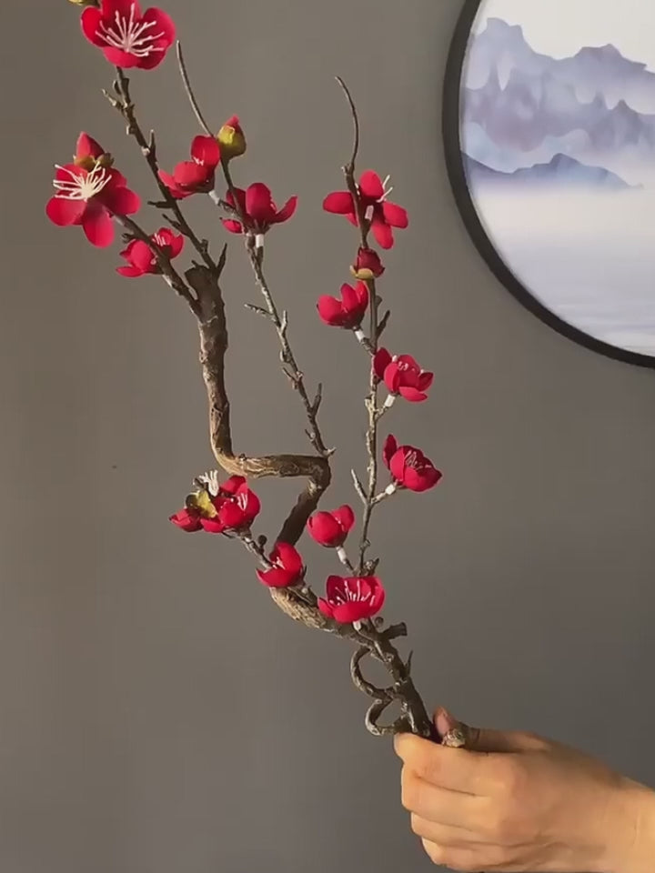Arreglo de flores artificiales de flor de ciruelo en jarrón zen - 22.5"