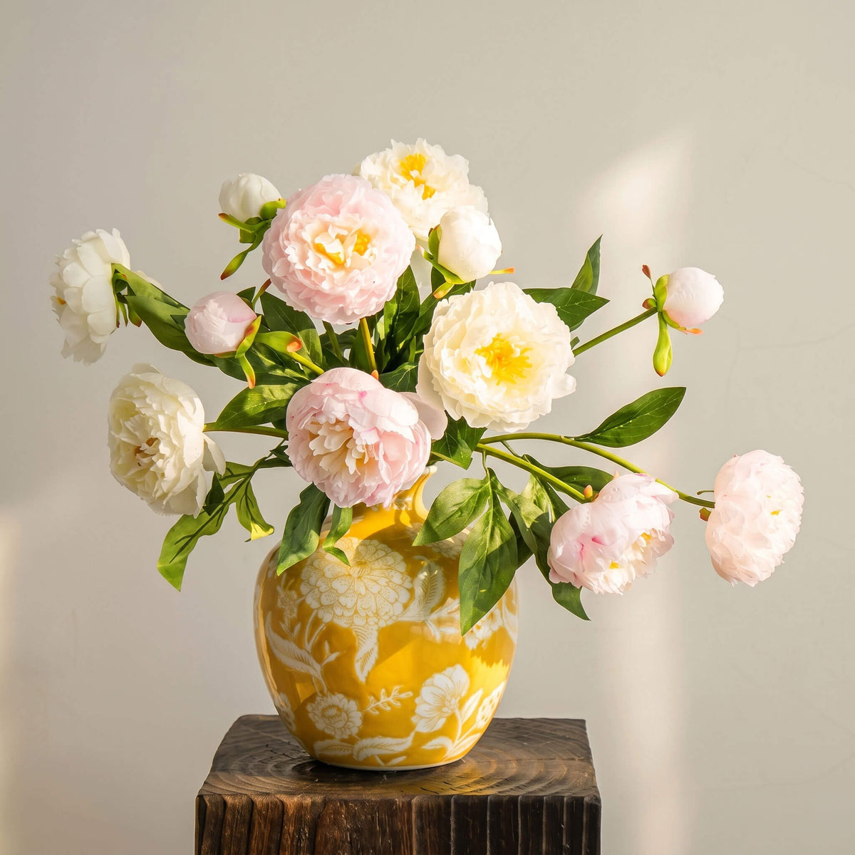 Real touch artificial peony arrangement with white and blush pink blooms displayed in a yellow-ground white porcelain vase, elegant floral centerpiece for timeless home decor.