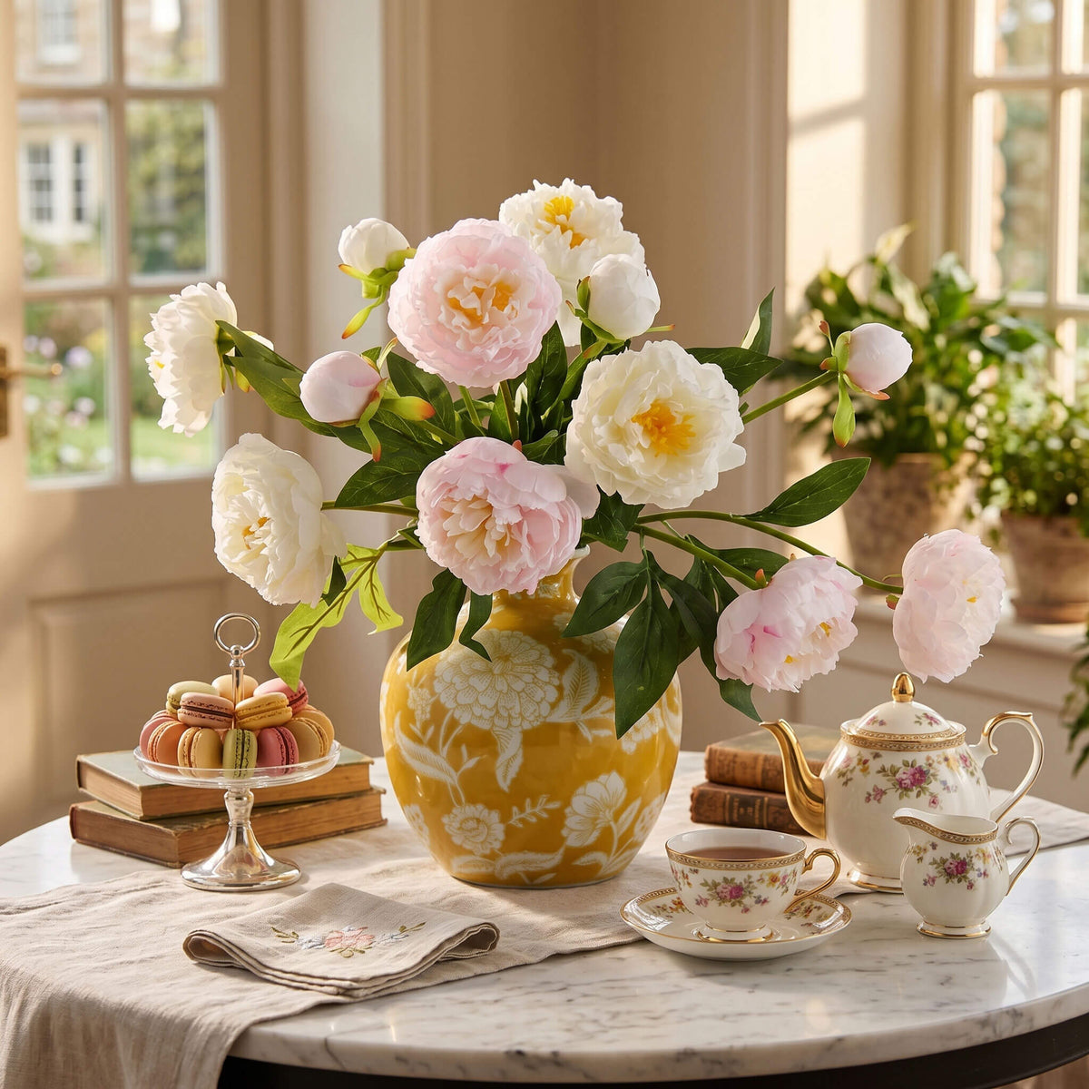 Real touch peony centerpiece displayed on a sunlit afternoon tea table by the window, creating a soft and inviting atmosphere.
