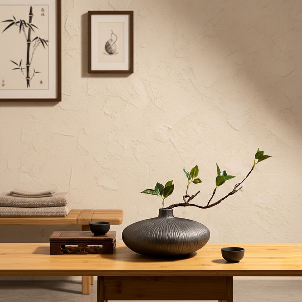 Artificial ficus plant in black ceramic vase adding a calm and refined touch to a tea room setting