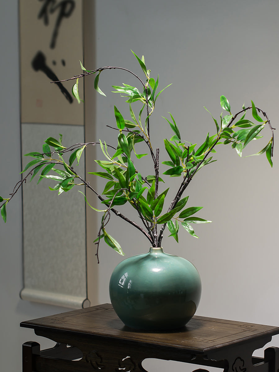 Silk Black Bamboo in Emerald Green Ceramic Vase - 23.6"