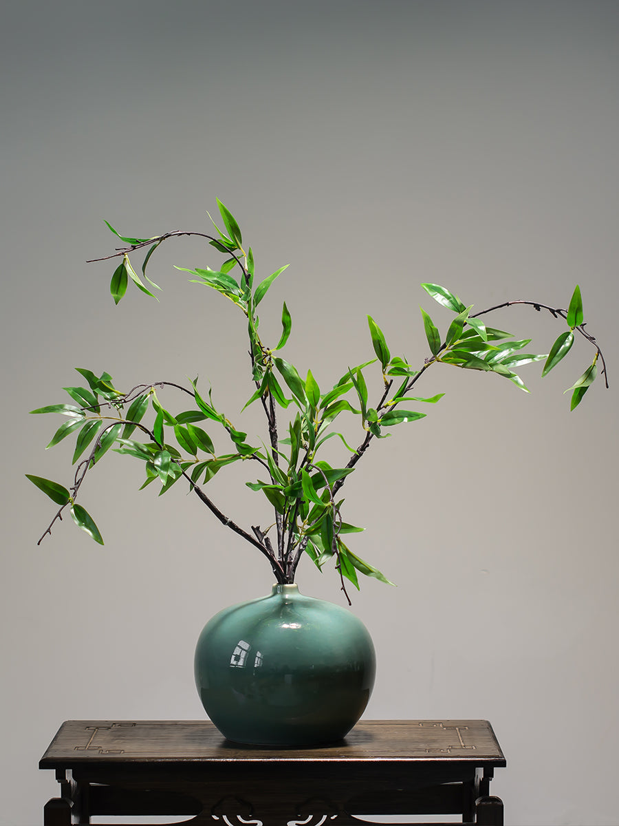 Silk Black Bamboo in Emerald Green Ceramic Vase - 23.6"