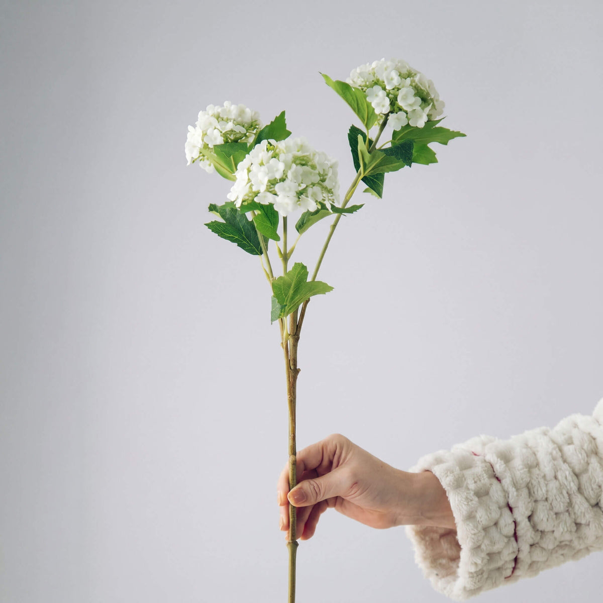 Close-up of white artificial hydrangea stem with realistic texture and soft petals, perfect for floral arrangements.