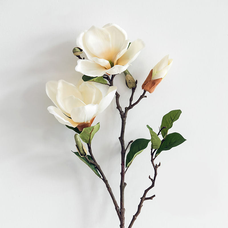 Detailed view of a real touch faux magnolia flower, featuring soft petals and a natural lifelike appearance.