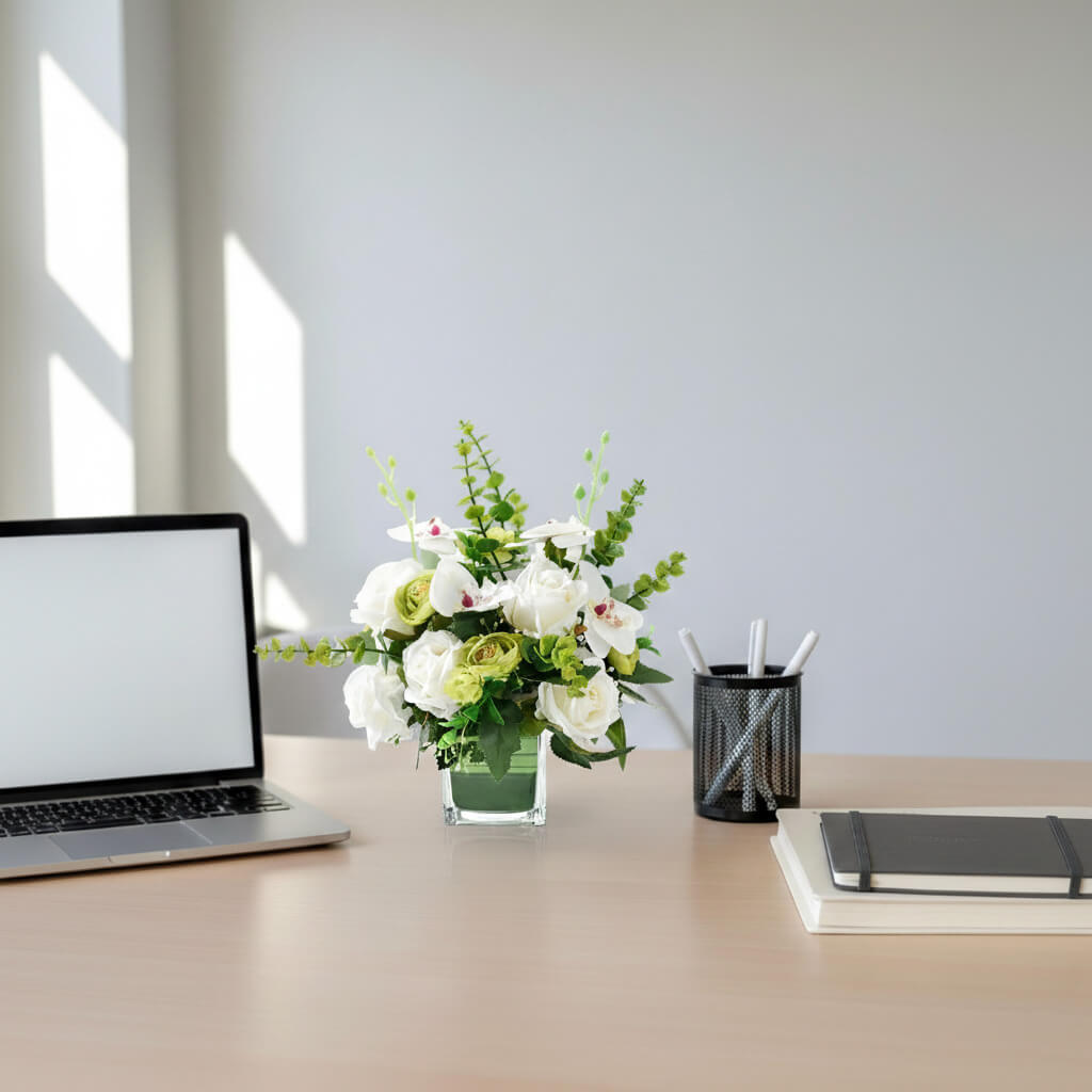 white rose and phalaenopsis orchid silk flower centerpiece displayed on a office desk.