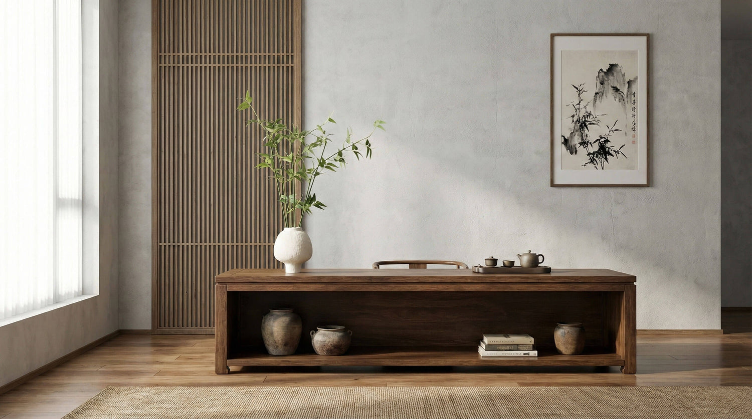 A calm, minimalist living room with thoughtfully placed greenery that adds warmth without creating visual clutter.