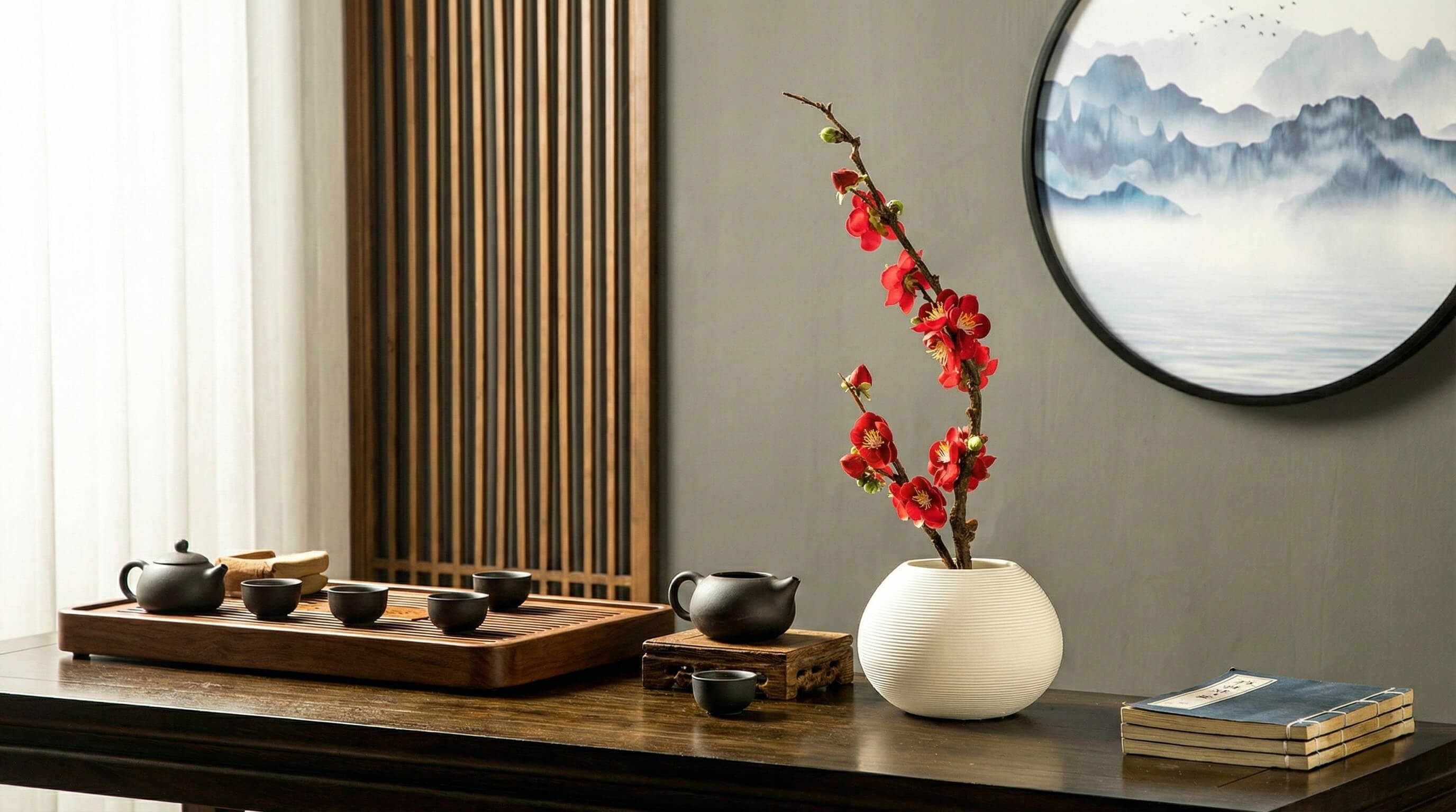 Zen-inspired artificial plum blossom styled in a calm interior, creating visual rest through soft colors and generous negative space.