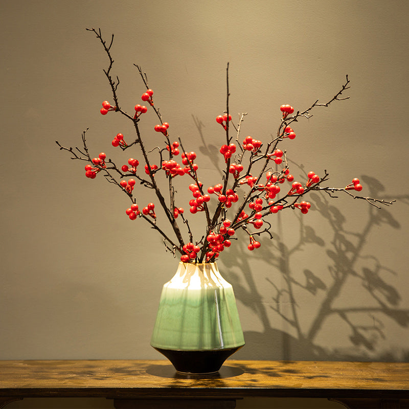 Artificial Red Fortune Fruit in Green Jade Ceramic Vase - 21.5"