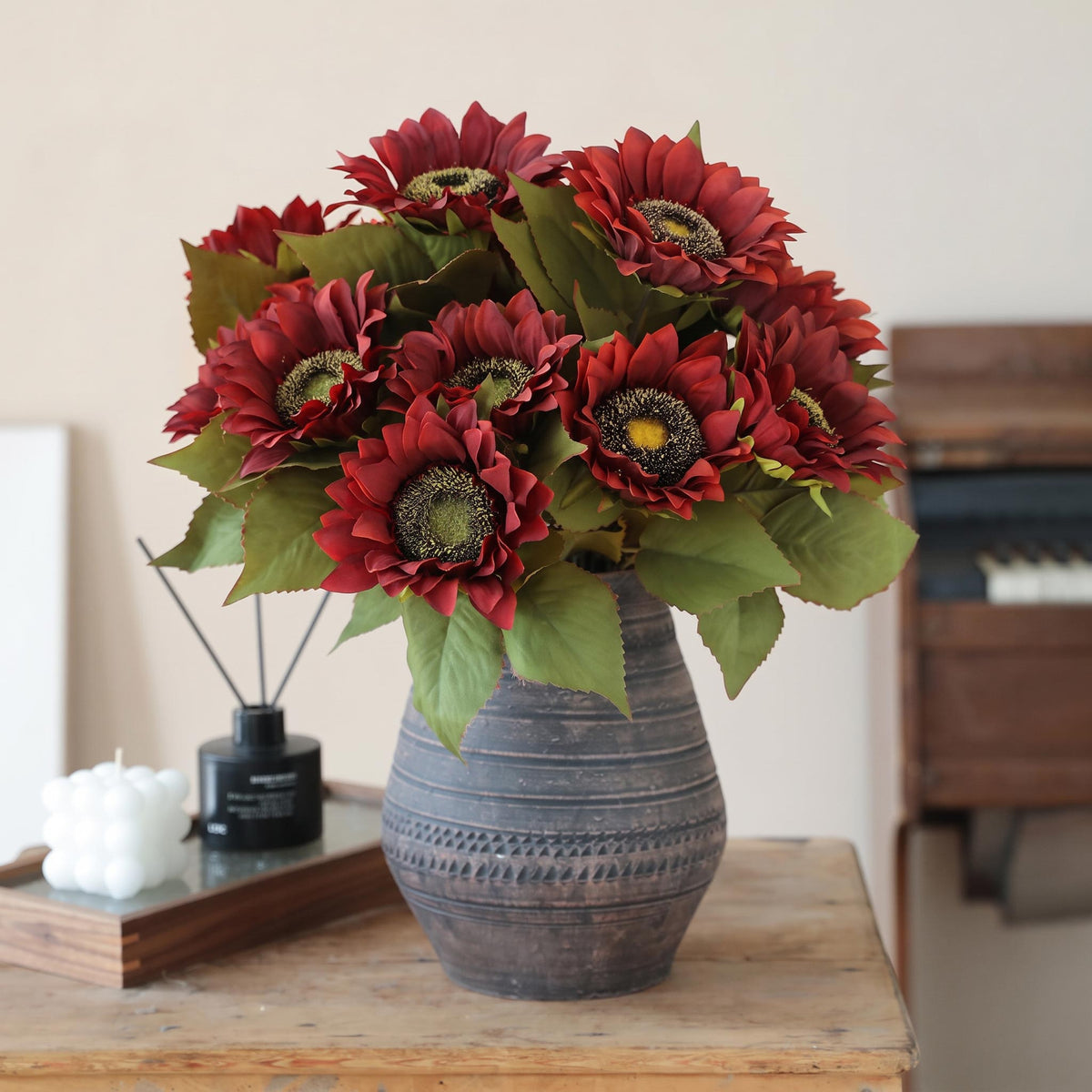 Faux Sunflower Floral Arrangement in Vintage Ceramic Vase - 17.8"
