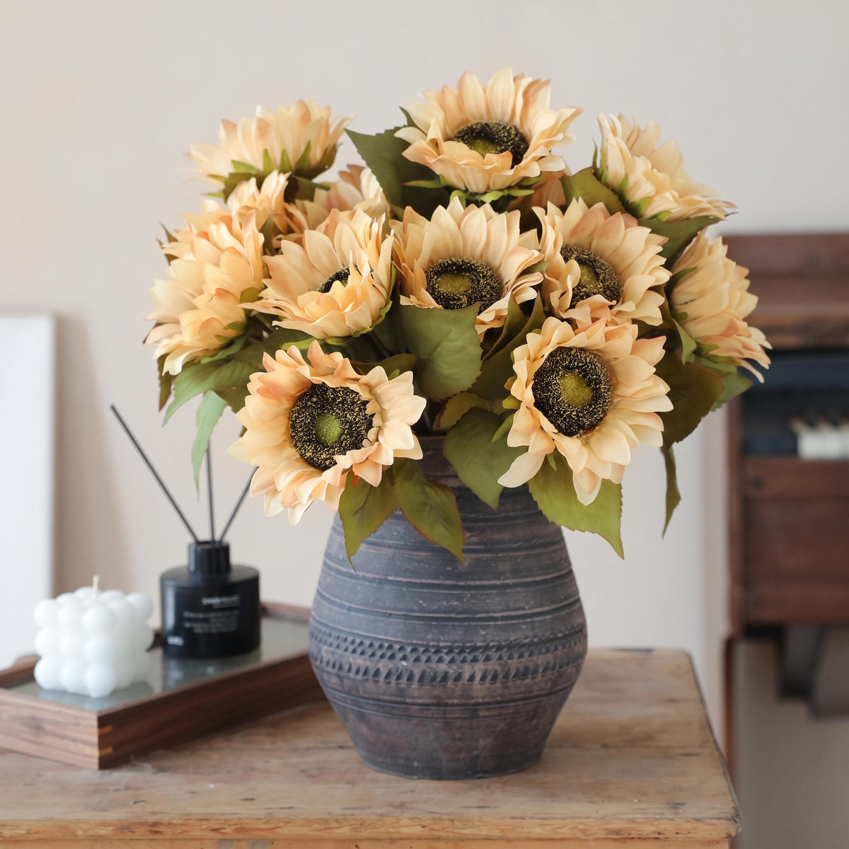 Faux Sunflower Floral Arrangement in Vintage Ceramic Vase - 17.8"