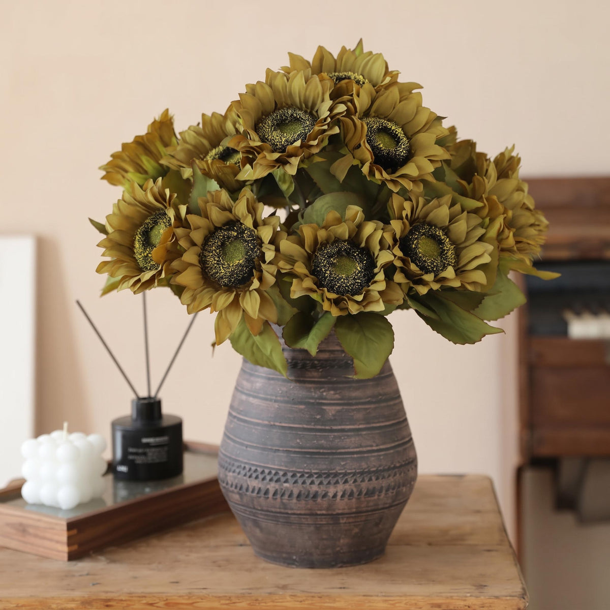 Faux Sunflower Floral Arrangement in Vintage Ceramic Vase - 17.8"