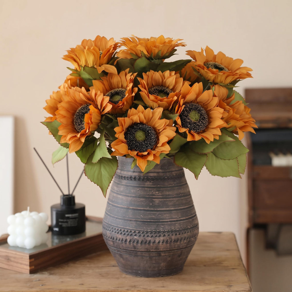 Faux Sunflower Floral Arrangement in Vintage Ceramic Vase - 17.8"