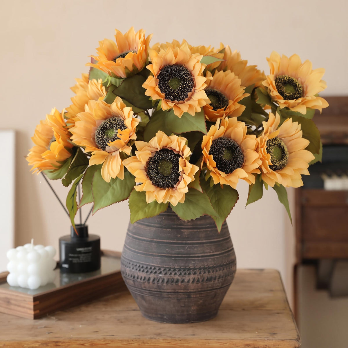 Faux Sunflower Floral Arrangement in Vintage Ceramic Vase - 17.8"