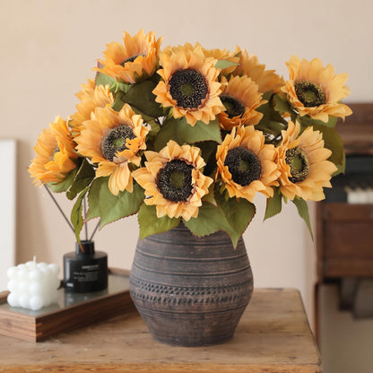 Faux Sunflower Floral Arrangement in Vintage Ceramic Vase - 17.8"