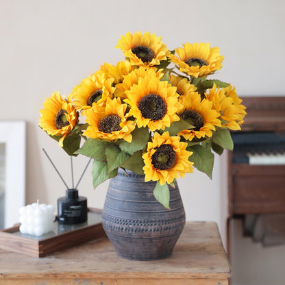 Faux Sunflower Floral Arrangement in Vintage Ceramic Vase - 17.8"