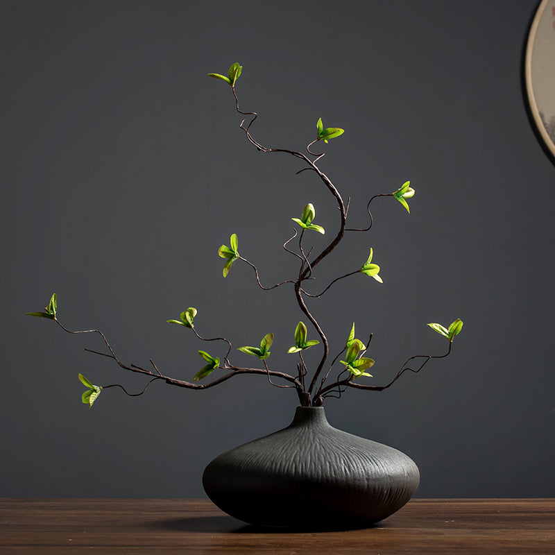 Faux Multi-Branched Ficus Branch In Black Glazed Ceramic Vase - 21.6&