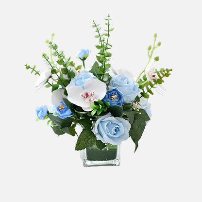 Centro de mesa de flores de seda con rosa azul, orquídea polilla y hojas de eucalipto - 7.8‘’