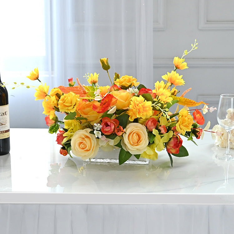 Centro de mesa de flores de seda Champagne y rosa amarilla, clavel, gerbera y hojas de eucalipto - 20&