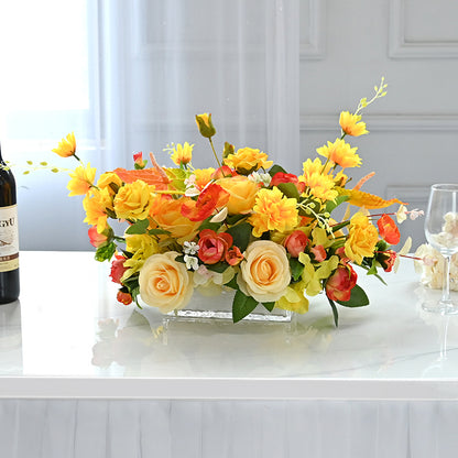 Centro de mesa de flores de seda Champagne y rosa amarilla, clavel, gerbera y hojas de eucalipto - 20&