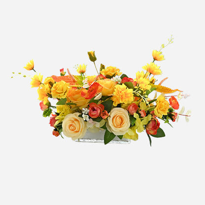 Centro de mesa de flores de seda Champagne y rosa amarilla, clavel, gerbera y hojas de eucalipto - 20&