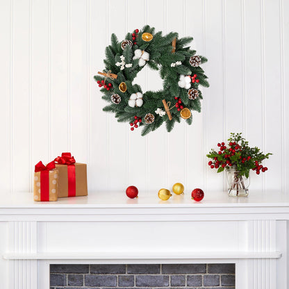 Flocked Mixed Pine Artificial Christmas Wreath, Pine Cones and Berries - 20”