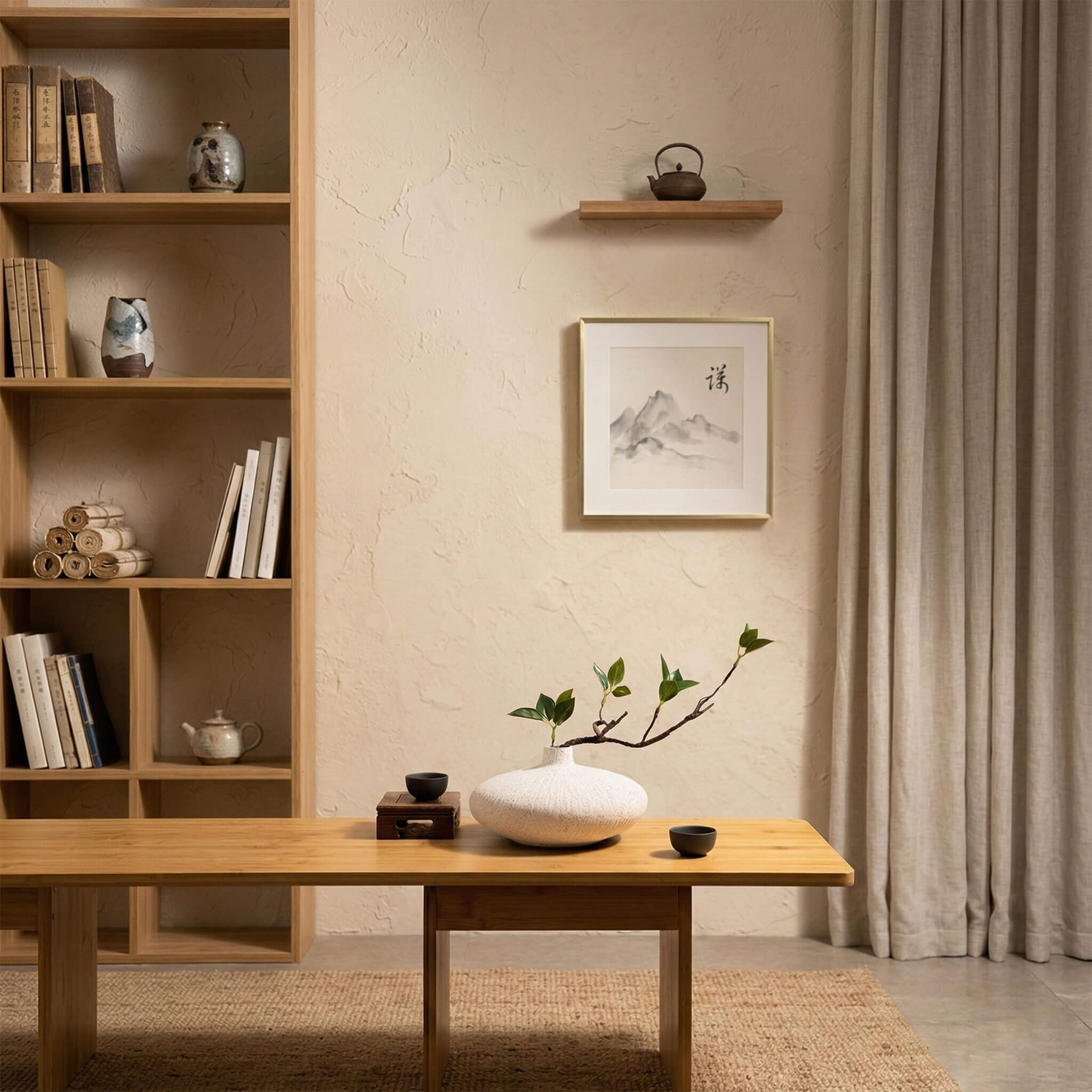 Faux ficus plant in white ceramic vase placed on a study desk for a clean and minimalist workspace feel