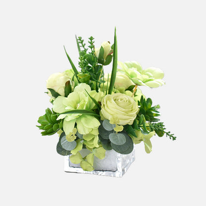 Arreglo de flores de seda con Matcha Green Rose, Hortensia, Cresta de gallo y plantas suculentas - 7.8&