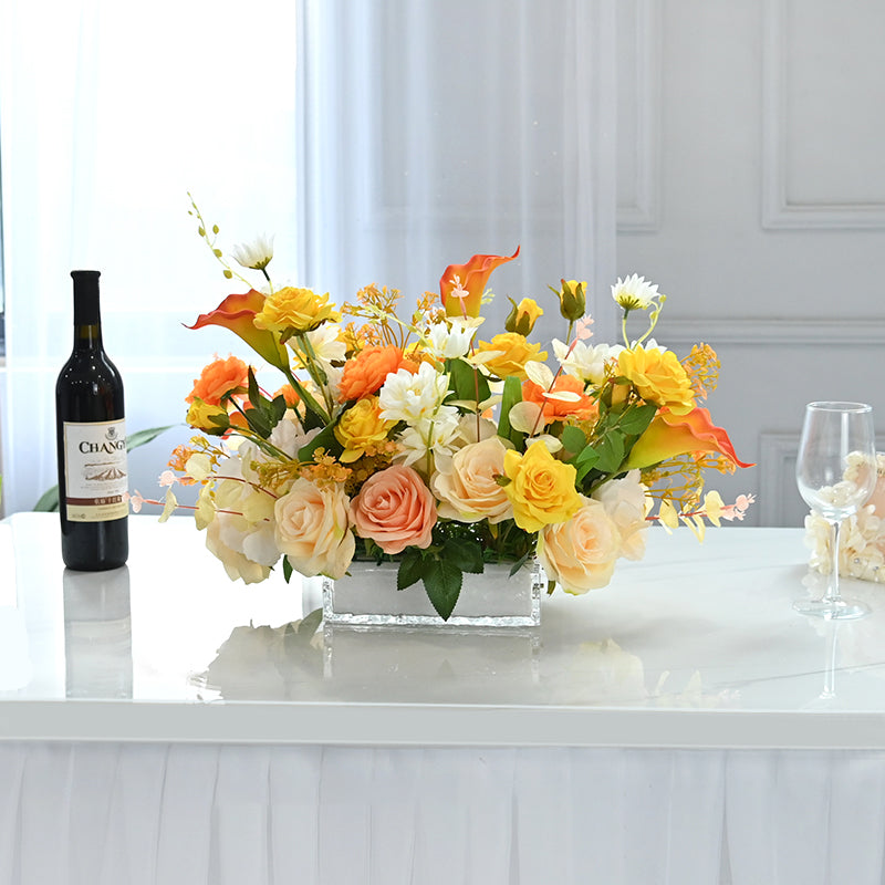 Centro de mesa de flores de seda con rosa naranja y champán, cala, margarita común y hojas de eucalipto - 20&