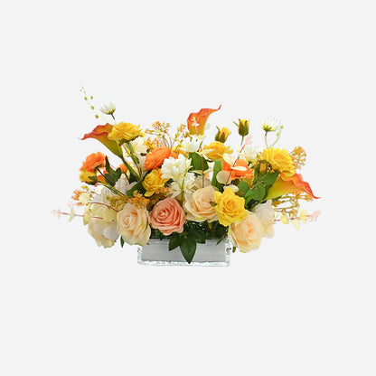 Centro de mesa de flores de seda con rosa naranja y champán, cala, margarita común y hojas de eucalipto - 20&