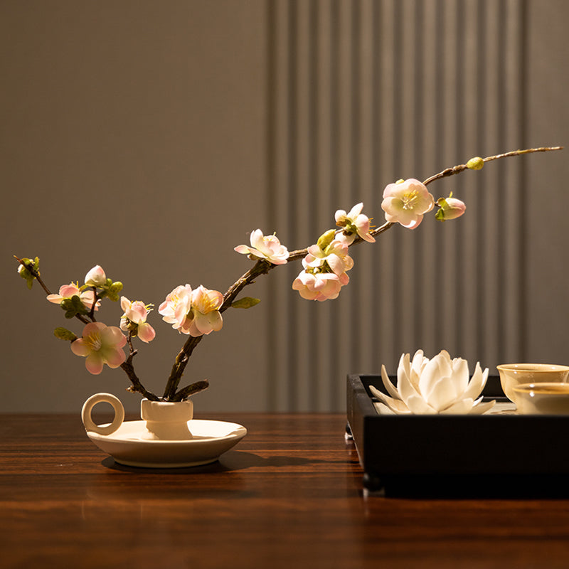 Elegant Silk Plum Blossom with Teacup Vase - 11"
