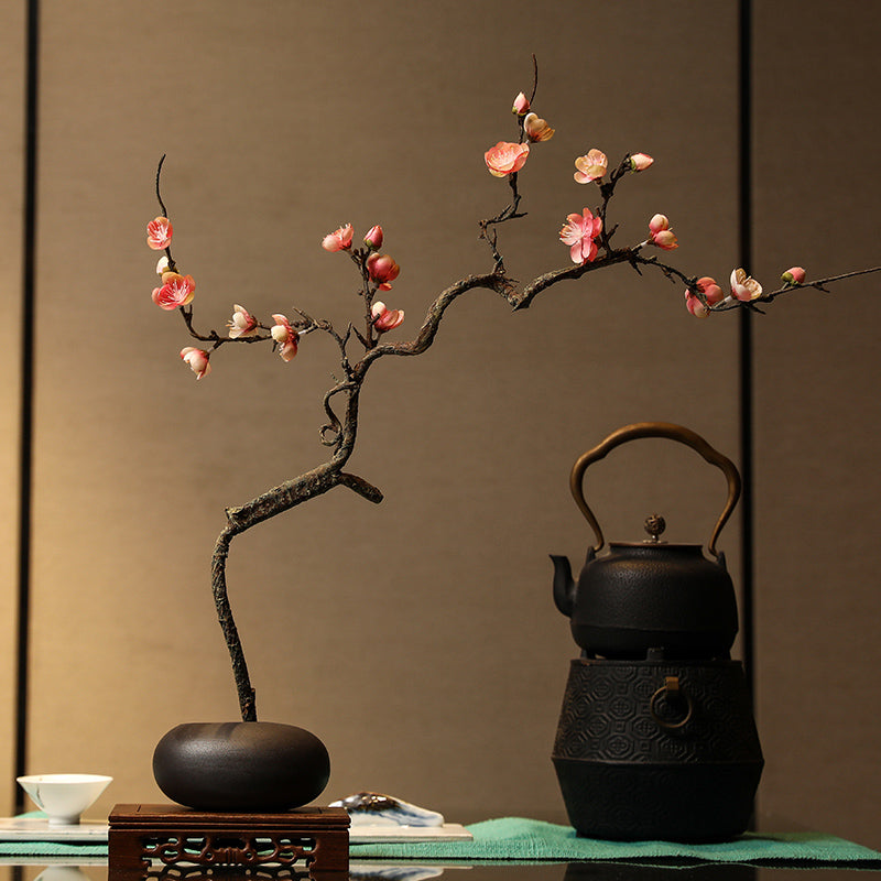 Plum Blossom Silk Arrangement in Zen Oval Vase - 21.5"