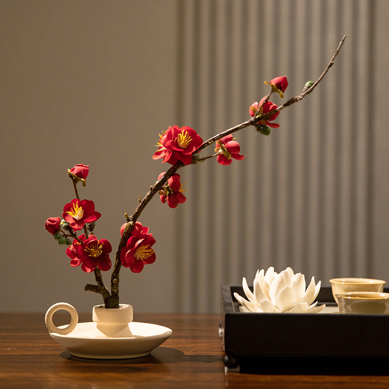 Elegant Silk Plum Blossom with Teacup Vase - 11"
