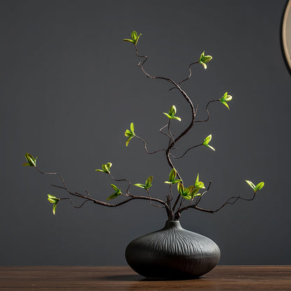 Silk Multi-Branched Ficus Branch In Black Glazed Ceramic Vase - 17.8&