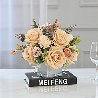 Vintage Champagne Rose, Chinese Rose, Hydrangea &amp; Eucalyptus Leaves Silk Flower Centerpiece - 10.6‘’