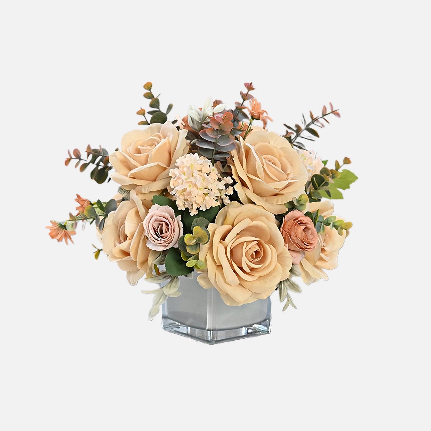Vintage Champagne Rose, Chinese Rose, Hydrangea &amp; Eucalyptus Leaves Silk Flower Centerpiece - 10.6‘’