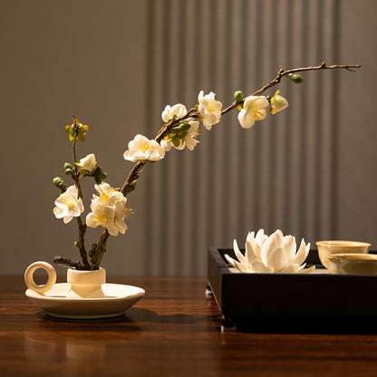 Elegant Silk Plum Blossom with Teacup Vase - 11&