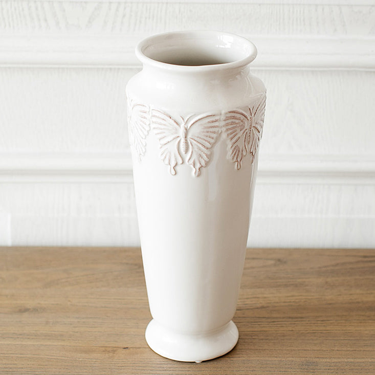 White ceramic vase with butterfly pattern - 11.5"