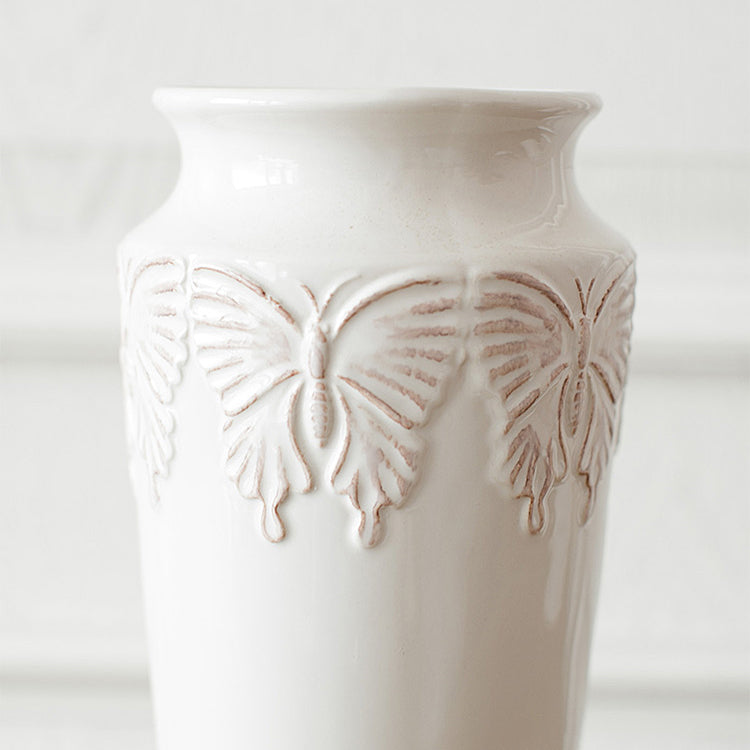 White ceramic vase with butterfly pattern - 11.5"
