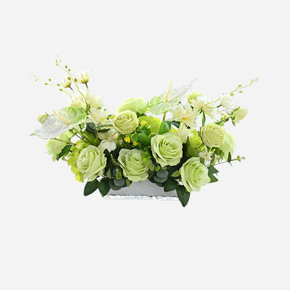 Centro de mesa de flores de seda con rosa blanca y verde, margarita inglesa y hojas de eucalipto - 20&