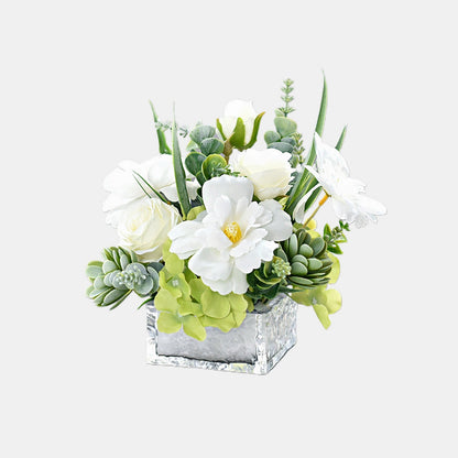Arreglo de flores de seda con rosa blanca, hortensia, cresta de gallo y plantas suculentas - 7.8&