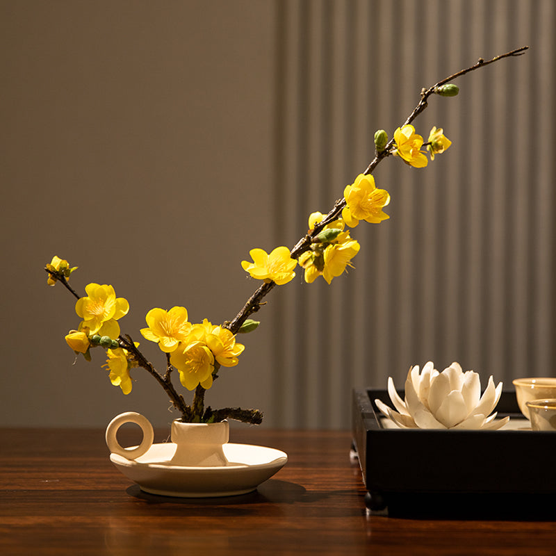 Elegant Silk Plum Blossom with Teacup Vase - 11"