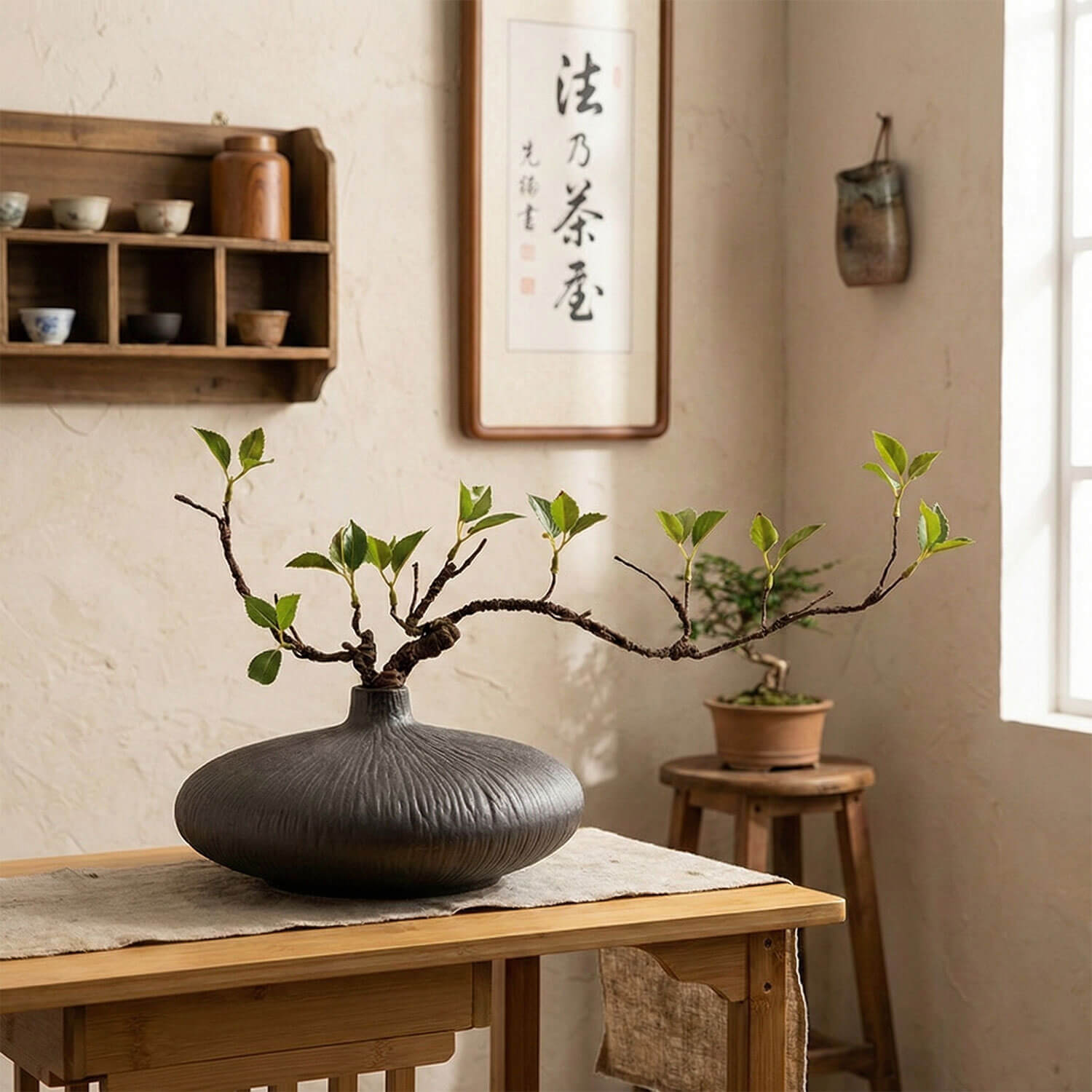 Faux ficus plant in black ceramic vase creating a calm zen-inspired meditation space
