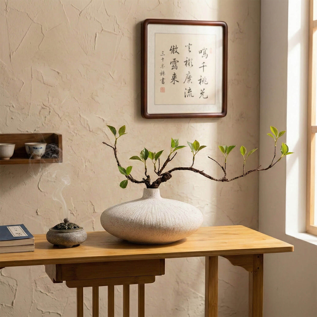 Faux ficus plant in white ceramic vase creating a peaceful zen meditation space