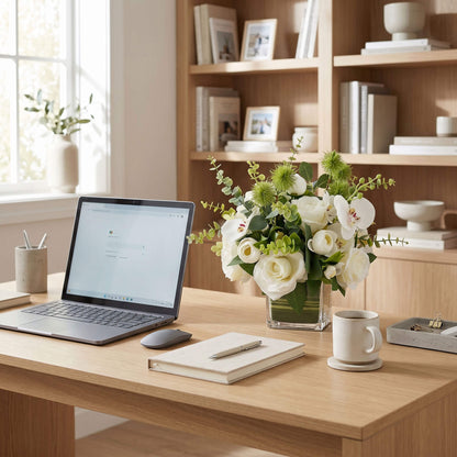 Compact floral centerpiece with orchids, roses, and eucalyptus displayed on a study desk, adding natural beauty to a productive workspace.