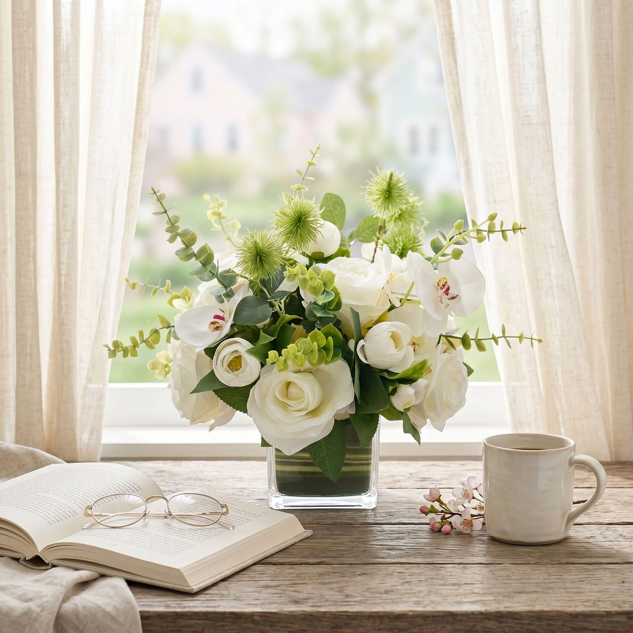 Artificial flower centerpiece with orchids, roses, and eucalyptus placed by a sunny spring window for a bright and cheerful seasonal display.