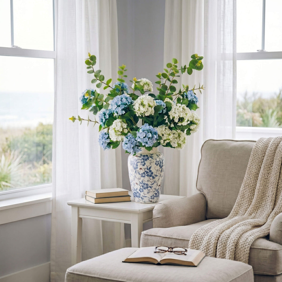 Artificial Hydrangea Arrangement in Blue &amp; White Porcelain Vase - 21.6"