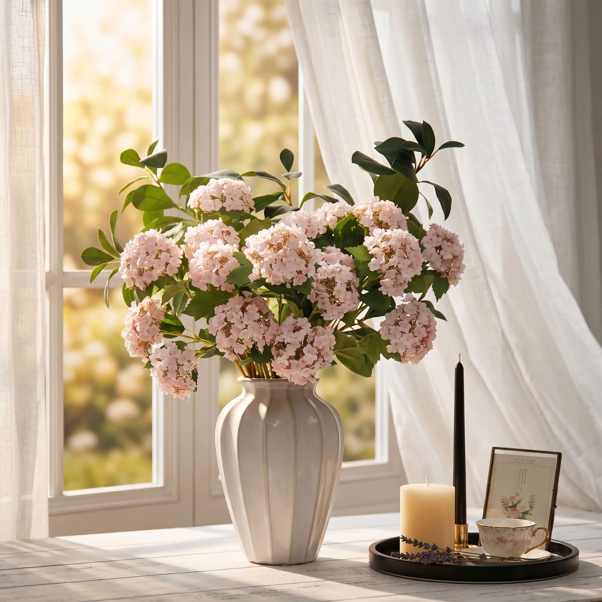 Artificial hydrangea flowers placed by a sunny spring window, bringing seasonal color and natural charm indoors.