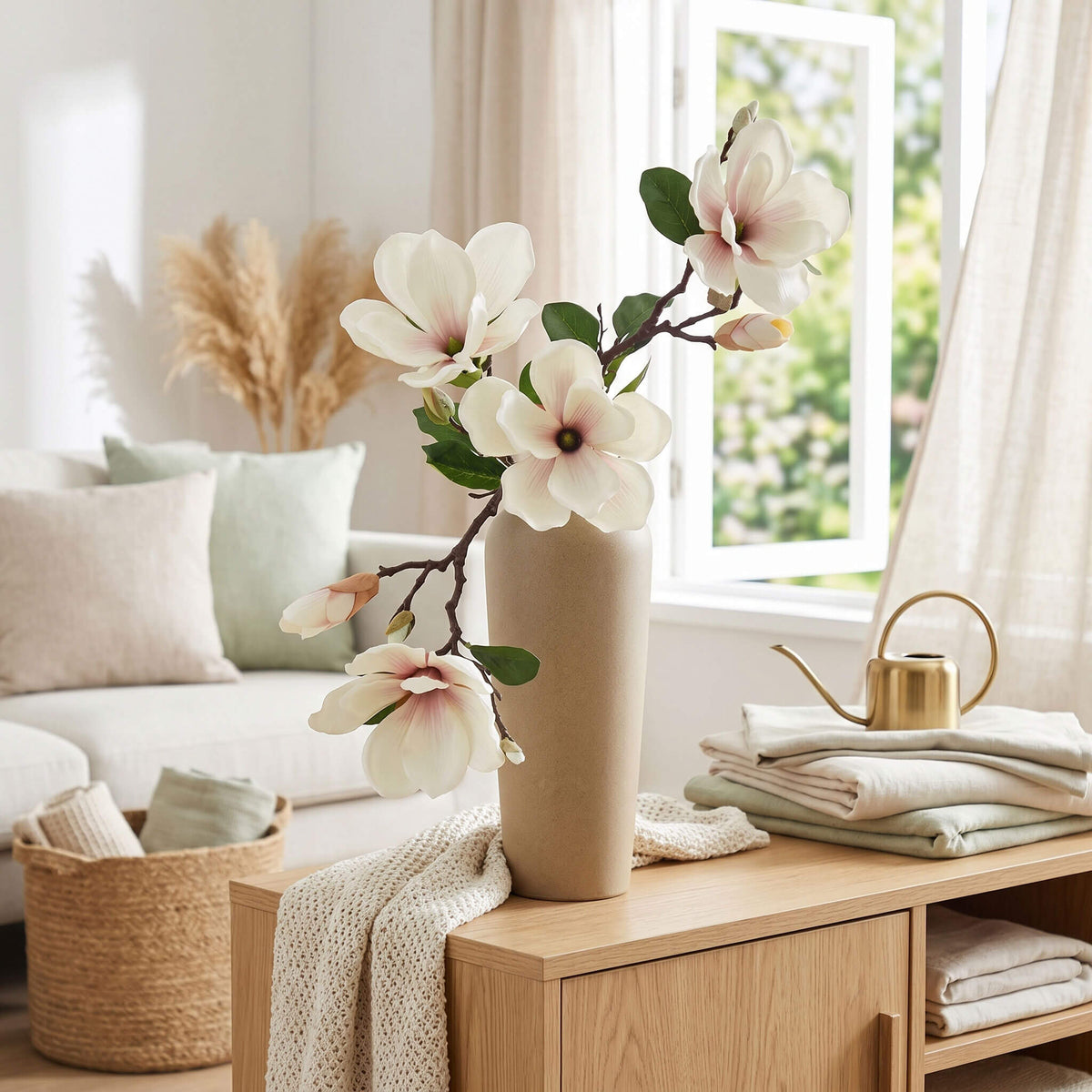 Real Touch Artificial Magnolia Arrangement in Pale Yellow Vase - 27.5"