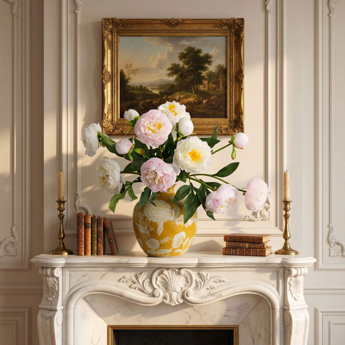 Artificial peony arrangement styled on a fireplace mantel, bringing warmth, elegance, and classic floral charm to the living space.